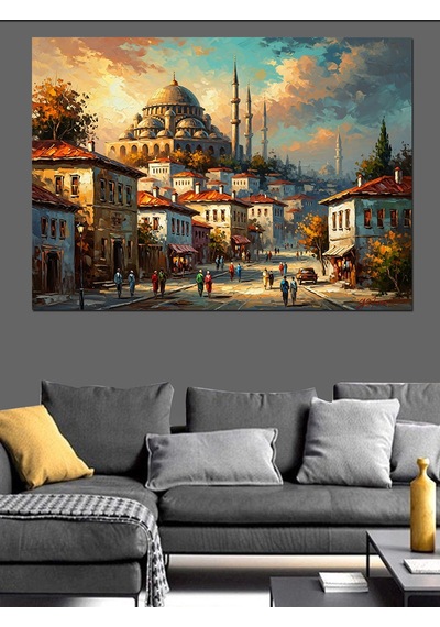Ahşap Tablo Gün Batımı İstanbul Camii Ve İnsanlar Çocuk Odası Tabloları