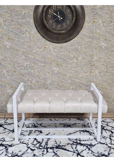 Zafir Beyaz Boyalı Metal 80 Cm Puf Bench - Antre Puf - Hol Bench - Puf - Oturak - Bench Bej