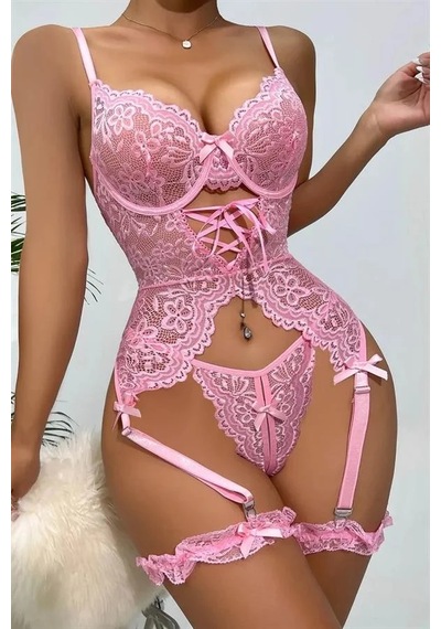 Angbutik Kadın Özel Tasarım Dantelli Pembe Jartiyer Takımı