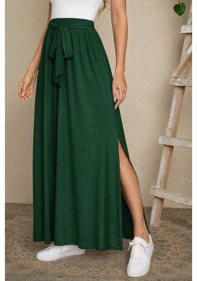 Defymoda Kadın Yüksek Bel Bei Kuşaklı Yandan Yırtmaçlı Uzun Sandy Etek Yeşil
