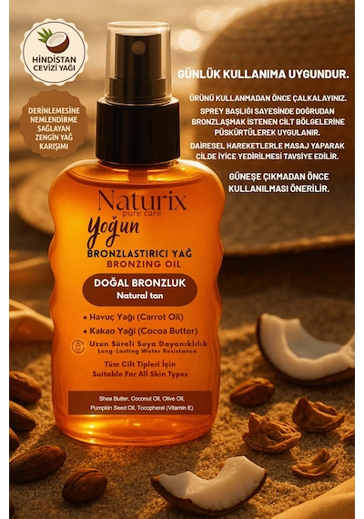Yoğun Bronzlaştırıcı Yağ Havuç & Kakao Yağı, Shea Butter, Vitamin E, Tüm Cilt Tiplerine Uygun Sprey 200 Ml
