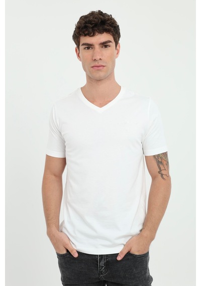 Dufy Erkek Slim Fit V Yaka Beyaz T-shirt-25712