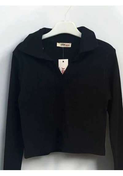 Kız Çocuk Mevsimlik Pamuklu V Yakalı Crop Bluz-14424 Siyah