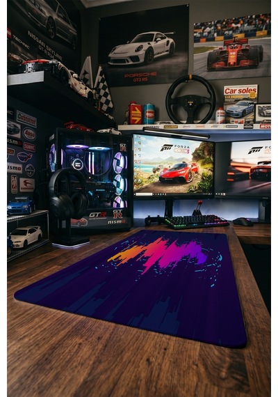 Glitch Gaming Mousepad Xxl 90x40 Cm Kaymaz Taban Dikişli Kenar Pembe Neon Oyuncu Masa Pedi