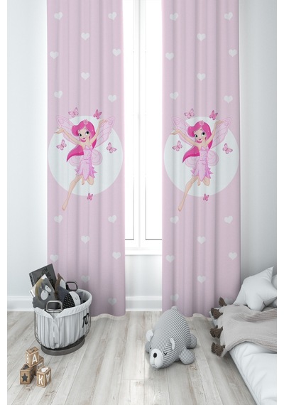 Mekta Home Bebek Ve Çocuk Odası Uçan Peri Kızı Ve Kalp Desenli 2 Kanat Fon Perde