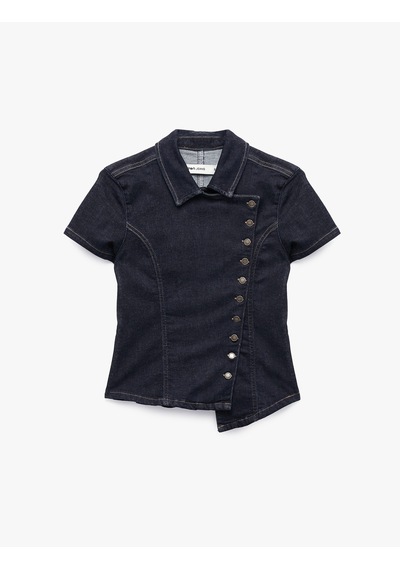 Koton Slim Fit Pamuklu Klasik Yaka Kısa Kollu Asimetrik Kesim Düğmeli Denim Bluz Koyu İndigo 7wal30005md Dark Indigo