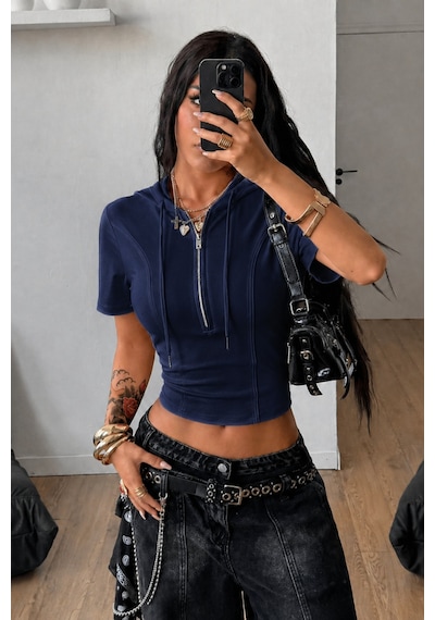Tarz Cool Kapüşonlu Crop Tişört Fermuarlı Kısa Kollu Kadın Üst Body Lacivert