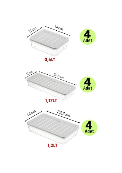 12 Adet Fitbox Saklama Kabı Buzdolabı Ve Buzluk Düzenleyici Hava Geçirmez Set Gri Kapak
