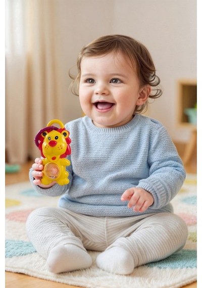 Aslan Figürlü Işıklı Sesli Çıngırak Bebek Oyuncağı +3 Ay Beyaz
