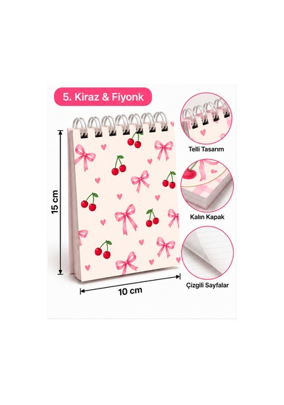 Kiraz & Fiyonk Modeli-15 10 Cm Spiralli Bloknot 40 Yaprak - 80 Sayfa Çok Renkli