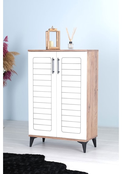 Luna 2 Kapaklı 4 Bölmeli Modern Ayakkabılık - Beyaz / Çam Desenli