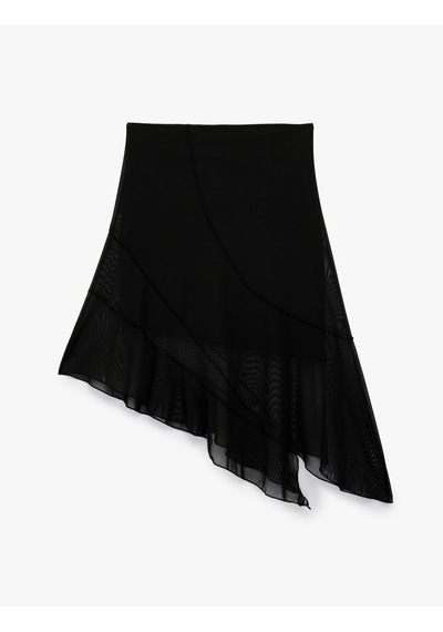 Koton Asimetrik Slim Fit Tül Detaylı Midi Etek Siyah 6sal70075ık