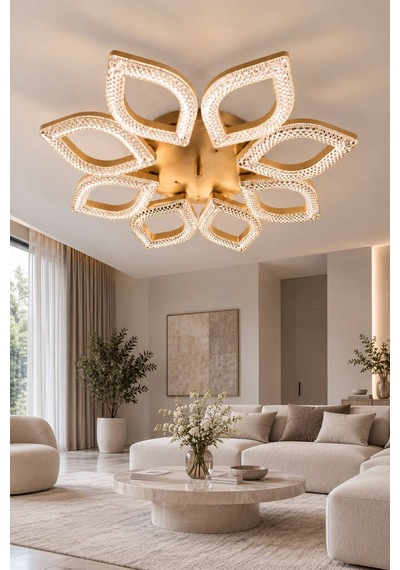 Yonca Model Gold Kumandalı 8 Li Ledli 3 Renk Modu Kristal Salon Mutfak Yatak Çocuk Odası Avize Altın
