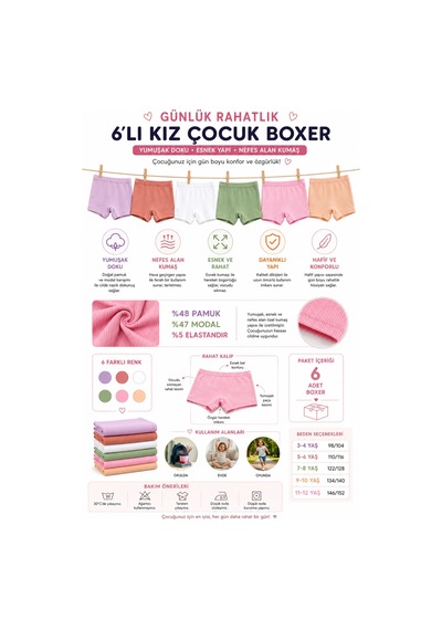 Westicgiyim Kız Çocuk Boxer 6 Lı Paket Fitilli Modal %48 Pamuk %47 Modal Esnek Yumuşak Çocuk İç Çamaşırı 3-12 Yaş Çok Renkli