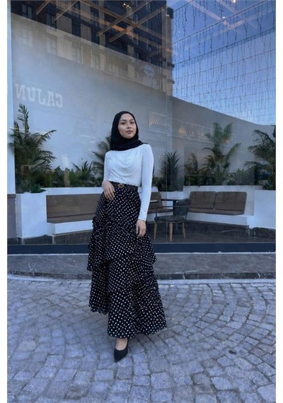 Neşeli Butik Kadın Siyah Asimetrik Kat Kat Puantiye Desen Tam Boy Tesettür Etek ------ Nms094