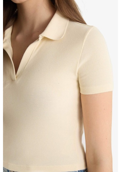Defacto Fitted Polo Yaka Fitilli Kaşkorse Kısa Kollu Tişört A0379ax25smer144 Ekru