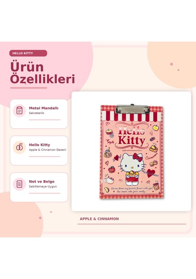 Bakgelal Hello Kitty Elmalı Ve Tarçın Temalı Kırmızı Kareli Metal Mandal Klipsli Sekreterlik Ve Bloknot Altlığı - 9028514823893