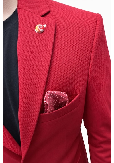 Plus Scorpion Erkek Kırmızı Armürlü Kumaş Blazer Ceket Tek Düğmeli, Mono Yaka, Çift Yırtmaçlı Slim Fit Kırmızı