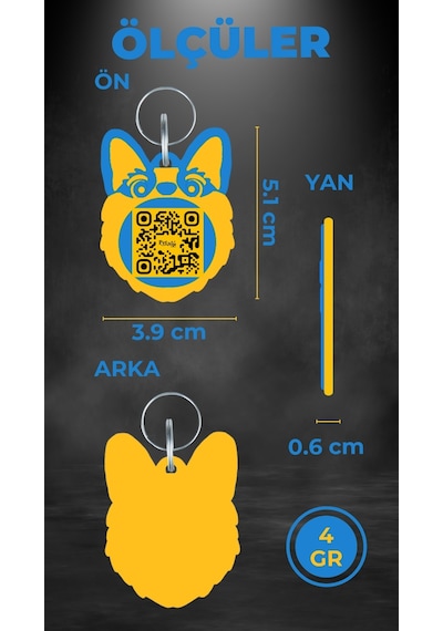 Petjoo 15.T.Teg Sarı-Mavi Qr'lı Köpek Künyesi