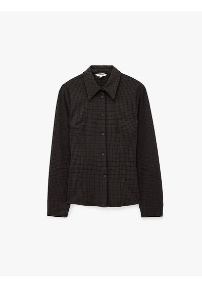 Koton Düğmeli Uzun Kollu Slim Fit Ekose Gömlek Kahverengi Ekose 7wak60050pw KAHVERENGİ EKOSELİ