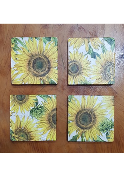10x10 Traverten Eskitme 4 Lü Takım El Yapımı Çiçek Desenli Bardak Altlığı Sarı
