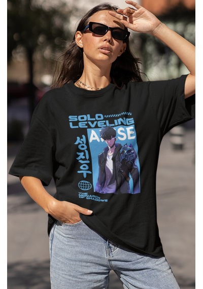 Solo Leveling Arise Baskılı Unisex Oversize Anime Karakter Tişört Siyah