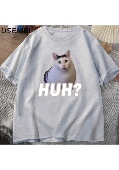 Flood Of Style Ha Kedi Meme T Shirt Komik Sevimli Kedi Grafik T Shirt Unisex Moda T-shirt Yaz Çiftler Rahat Gri