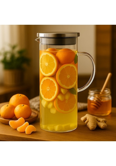 Dekorasyaa Borosilikat Cam Sürahi Metal Kapaklı 1500ml