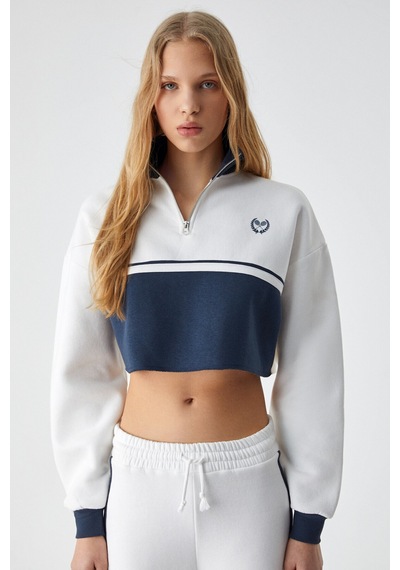 Ethıquet KRUSSEN Kadın Oversize Fermuarlı Uzun Kollu 3 İplik Kısa Beyaz Sweatshirt