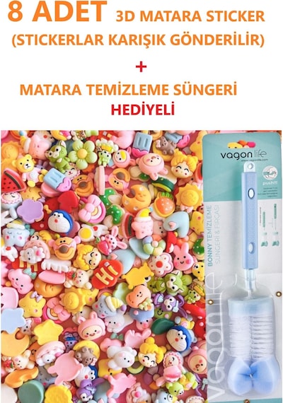 Vagonlife 8 ADET 3D Matara Stickerı+ Matara Temizleme Süngeri Hediyeli