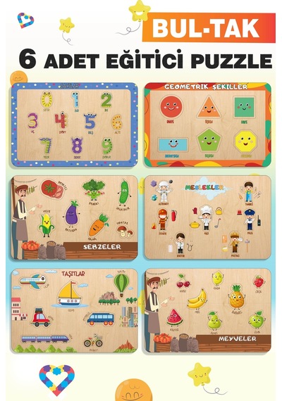 Ahşap Türkçe 6 Lı Set Eğitici-öğretici Yapboz