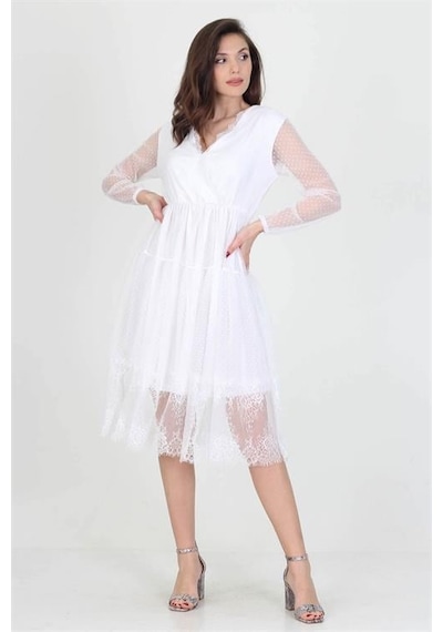 Dip Moda Kadın Kruvaze Yaka Eteği Güpürlü Elbise Dpnb0010 Beyaz