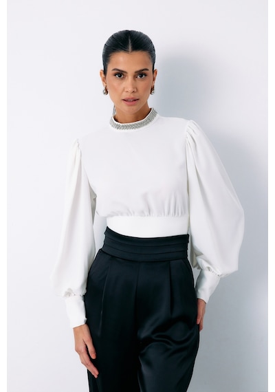 Sateen Yaka Aksesuarlı Bluz - Ekru-135192 Ekru