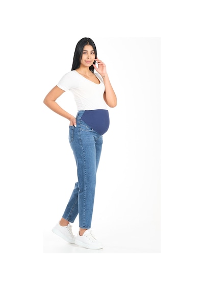 Busa Hamile Esnek Karın Bantlı Arka Kemerli Mom Fit Kot Pantolon Mavi-mavi