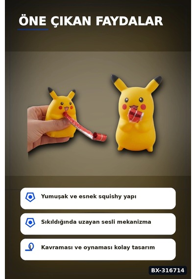 Pikaçu Squishy Sesli Stres Oyuncağı Düdük Mekanizmalı Esnek Figür 12 Adet Bx-316714