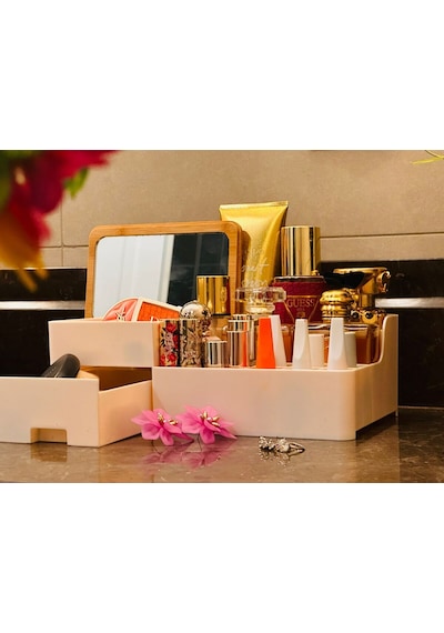 Makri Home Bambu Aynalı Kozmetik Takı Makyaj Organizer, 29 X 17,5 X 10 Cm, Portatif Bambu Aynalı Krem