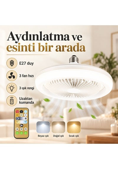 E27 Duylu Kumandalı Vantilatörlü Led Tavan Lambası