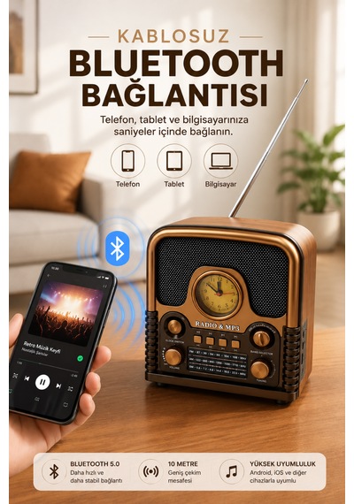 Retro Bluetooth Hoparlör Radyo Fm Am Sw Radyo Bluetooth 5.0 Tf Kart Usb Destekli Ahşap Nostaljik Tasarım Taşınabilir Kablosuz Speaker