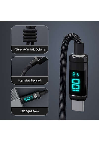 Bix BX09CC 100 W Type-C  Led Ekranlı Şarj ve Data Kablosu 1 M Siyah