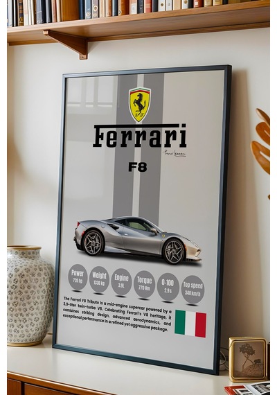 Ferrari F8 Premium V8 Spor Araba Tablosu - Teknik Özellikli İtalyan Otomobil Duvar Dekoru Siyah