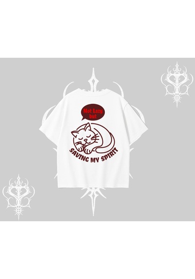 Tarzsokak Not Lazy Saving My Spirit Kedi Baskılı Oversize Tshirt Beyaz