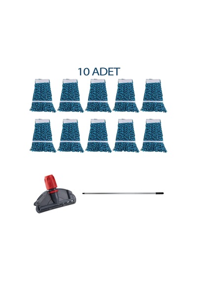 Çift Kovalı Temizlik Arabası Seti Yedek Mop Takımı - 10 Adet 17 Cm. Dar Mop + Mop Tutucu + Sap