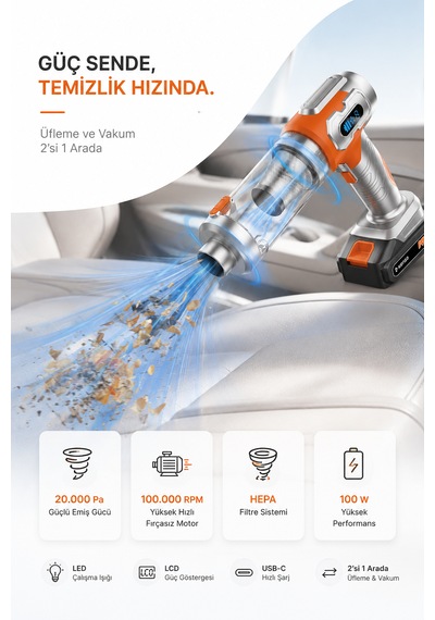20000pa Kablosuz Araç Süpürgesi Üfleme Vakum 2'si 1 Arada 100000 Rpm Şarjlı El Süpürgesi Hepa Filtre Gri