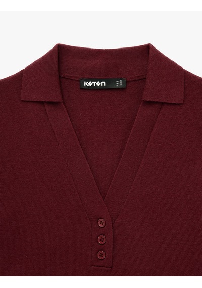 Koton Düğmeli Polo V Yaka Kısa Kollu Triko Kazak Bordo 7wak90013ht