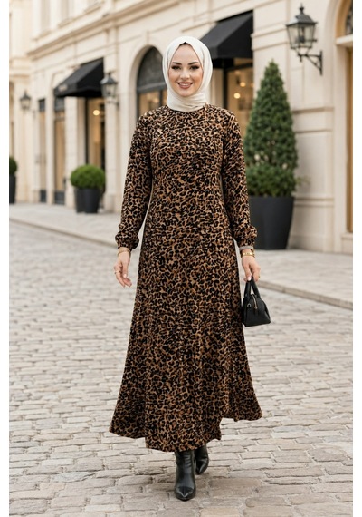 Hb Harma Time Butik Kadın Fermuarlı Leopar Desenli Viskon Tesettür Elbise Siyah