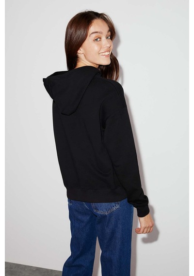 Ethıquet Sydney Kadın İçi Polarlı Önü Nakışlı Regular Fit Kapüşonlu Siyah Sweatshirt