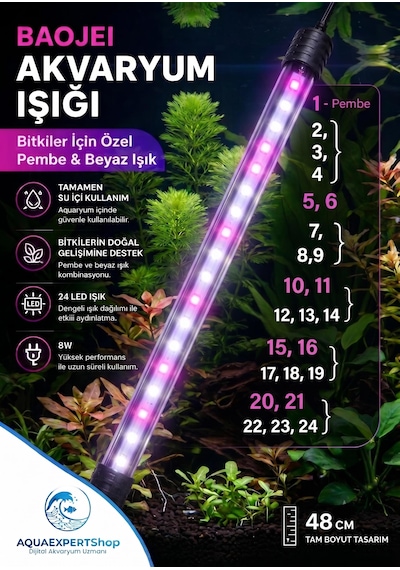Baojie Akvaryum Işığı - Bitki Işığı - Balık Işığı - Tamamen Su Içinde Kullanılabilir - 24 Led - Pembe Beyaz - 48 Cm - Güçlü Aydınlatma - 8w