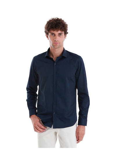 Hatemoğlu Lacivert Slim Fit Düz 100% Pamuk Açık İtalyan Yaka Uzun Kollu Saten Gömlek 24d190000045 005 Lacivert