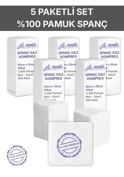 Spanç Gazlı Bez 10x10cm 12 Katlı 500 Adet - Yüksek Emici, Yapışmayan, Nefes Alabilir %100 Pamuk Yara Pansuman Pedi