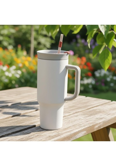 1200 Ml Pipetli Ve Kulplu Çelik Termos - Yeşil Ve Beyaz Renk Seçenekli Dev Boy Sıcak/soğuk Tutucu Seyahat Bardağı Beyaz Çok Renkli